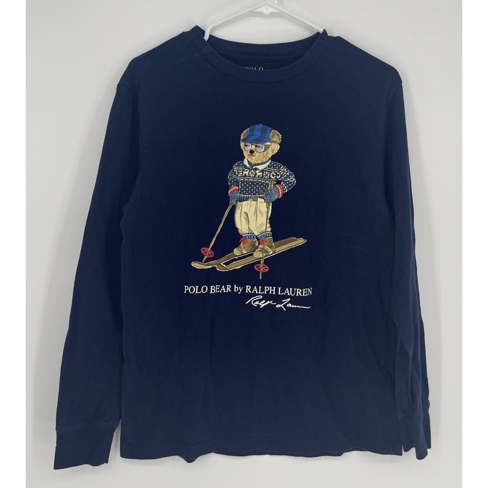 Polo Ralph Lauren Boys Polo Bear Graphic Long Sleeve Blue Shirt Sz L (14/16)